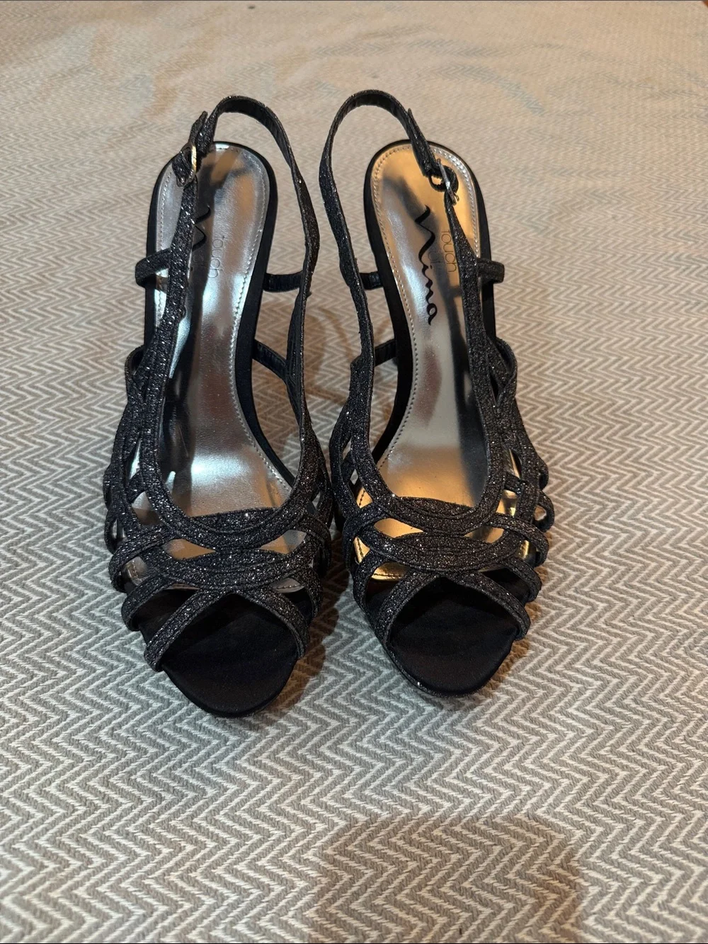 Touch Of Nina Women's Black Glitter Strappy Slingback Heels Size 8 1/2
